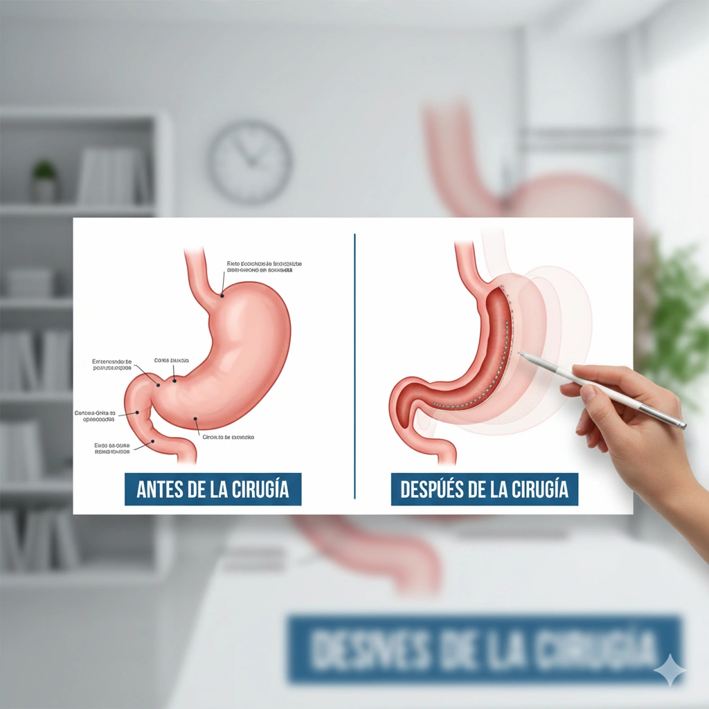 Diagrama del estómago antes y después de la cirugía de manga gástrica - manga gastrica endoscopica