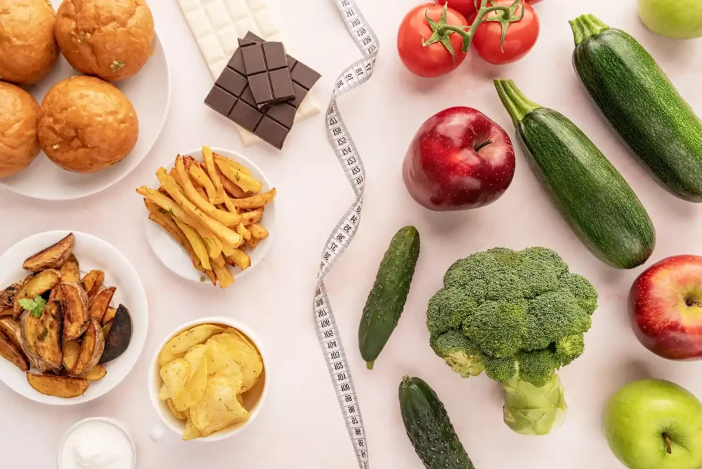 Ilustración de alimentos saludables para prevenir el sobrepeso corporal