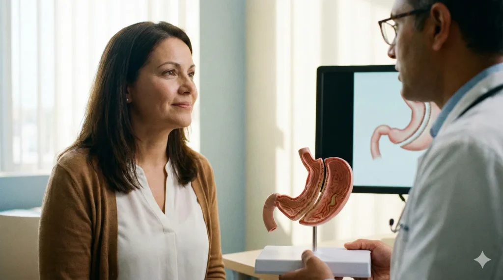 Imagen de médico explicando qué es la manga gástrica a un paciente - manga gástrica endoscopica